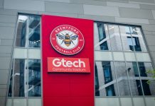 LONDON- JULY 31, 2023: Brentford FC football stadium exterior logo in West London.