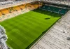 NORWICH, GB - May 05, 2019: Drone shot above Norwich City Football Club looking onto pitch